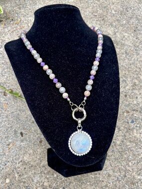 Beaded moonstone necklace and rainbow moonstone pendant.
